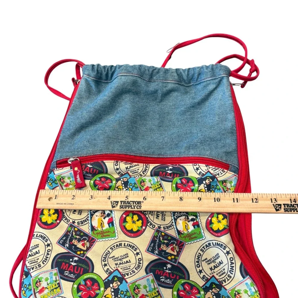 Aloha Hawaii Print Drawstring Backpack Denim Red Trim Summer Beach Bag